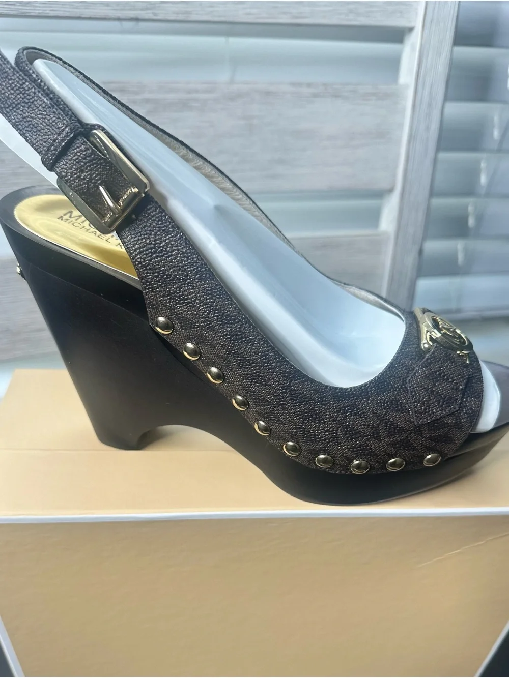 Michael Kors Brown Logo Studded Platform Wedge Sandals Size 9